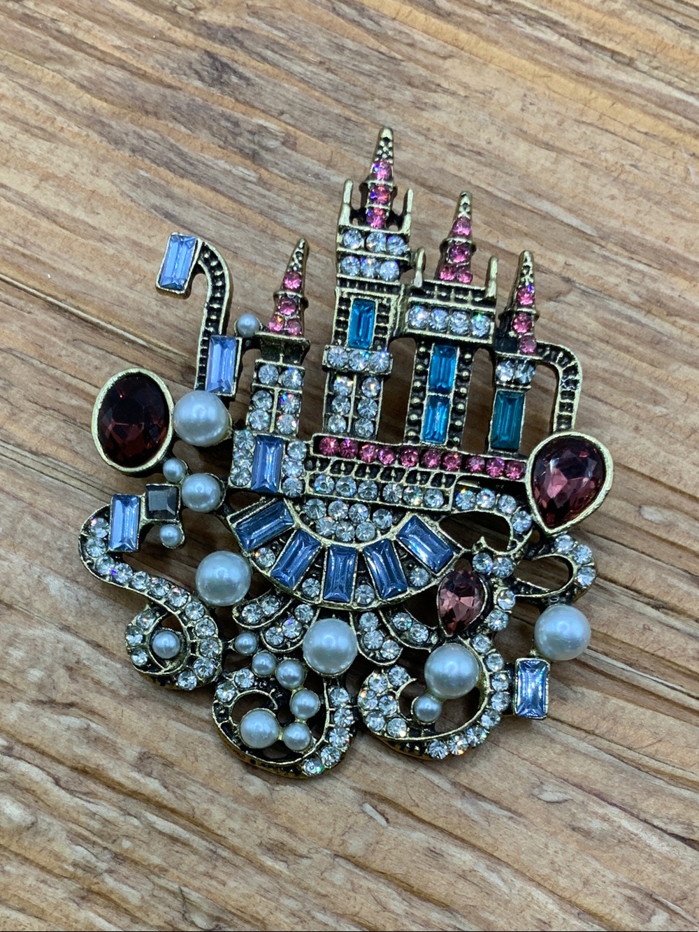 Fairytale Castle Gold-Tone with Pink, Blue, Pearl and Garnet Accents Brooch